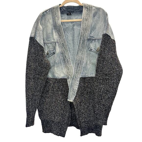 SAACHI Jackets & Blazers - Saachi – Mixed Media Denim Knit Cardigan – Blue/Charcoal – One Size